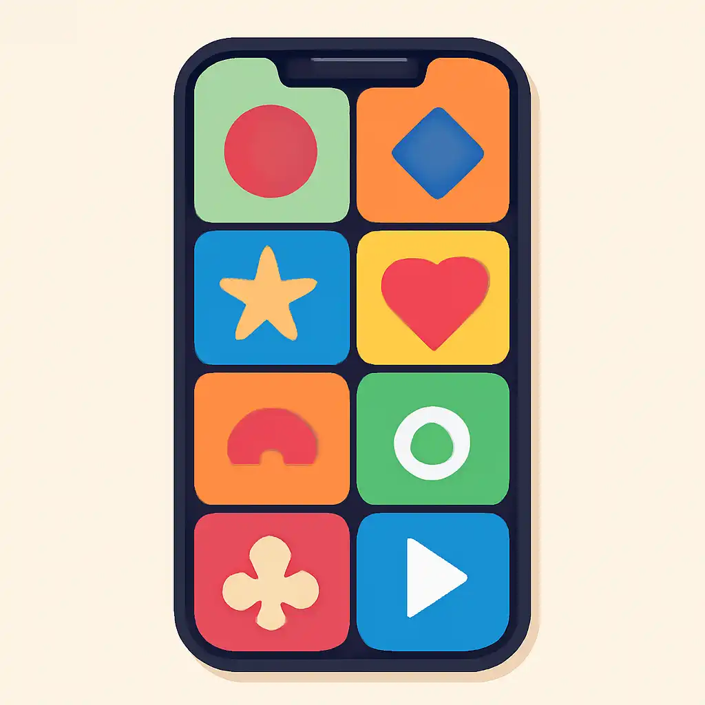 Smartphone shown from the front displaying a colourful flat layout of abstract game icons and rounded tiles, Rummy Circle