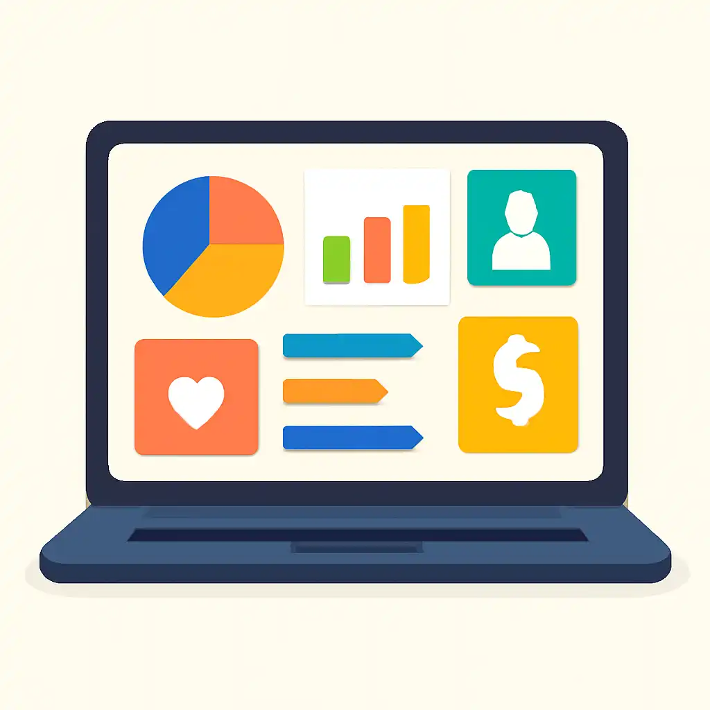 Laptop shown from the front displaying a colourful flat dashboard of abstract charts, bars and icon tiles, Rummy Circle