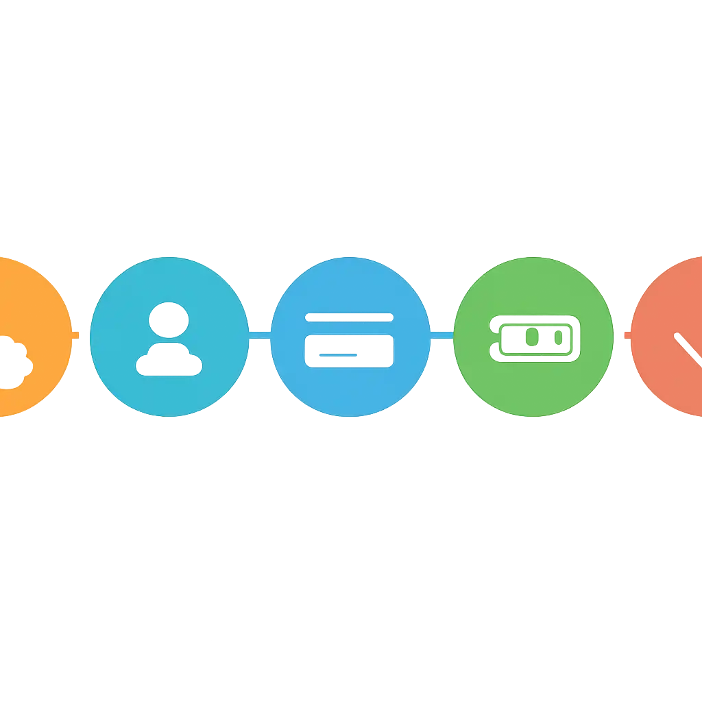 Five numbered circular icons connected by arrows in a horizontal flow, Rummy Circle steps
