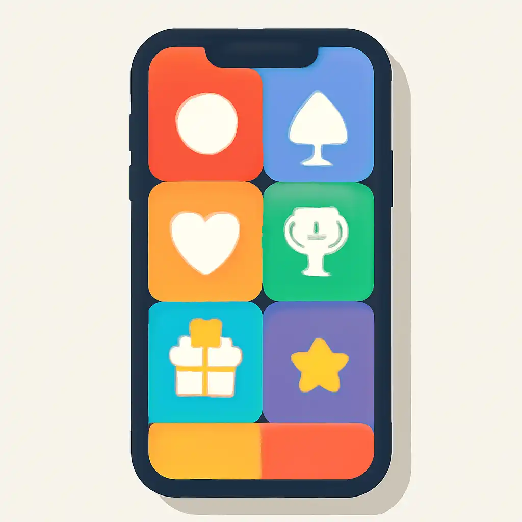 Smartphone shown from the front displaying a colourful flat layout of abstract game icons and rounded tiles, Rummy Circle