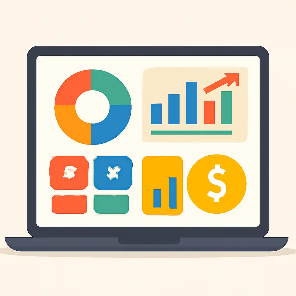 Laptop shown from the front displaying a colourful flat dashboard of abstract charts, bars and icon tiles, Rummy Circle