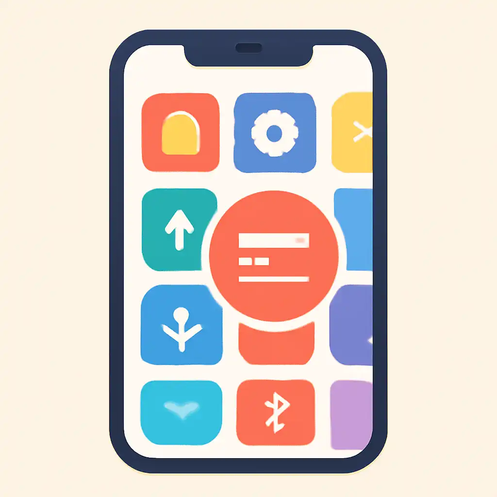 Smartphone shown from the front displaying a colourful flat layout of abstract game icons and rounded tiles, Rummy Circle