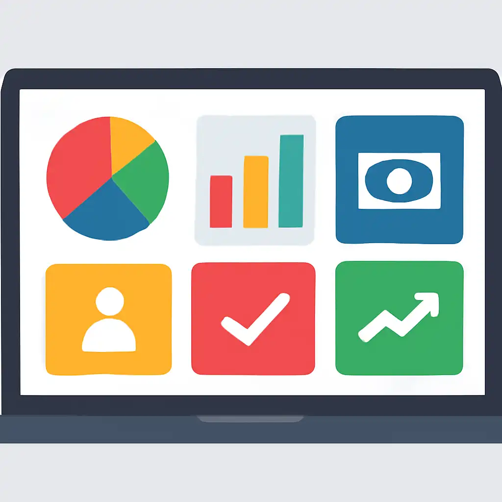 Laptop shown from the front displaying a colourful flat dashboard of abstract charts, bars and icon tiles, Rummy Circle