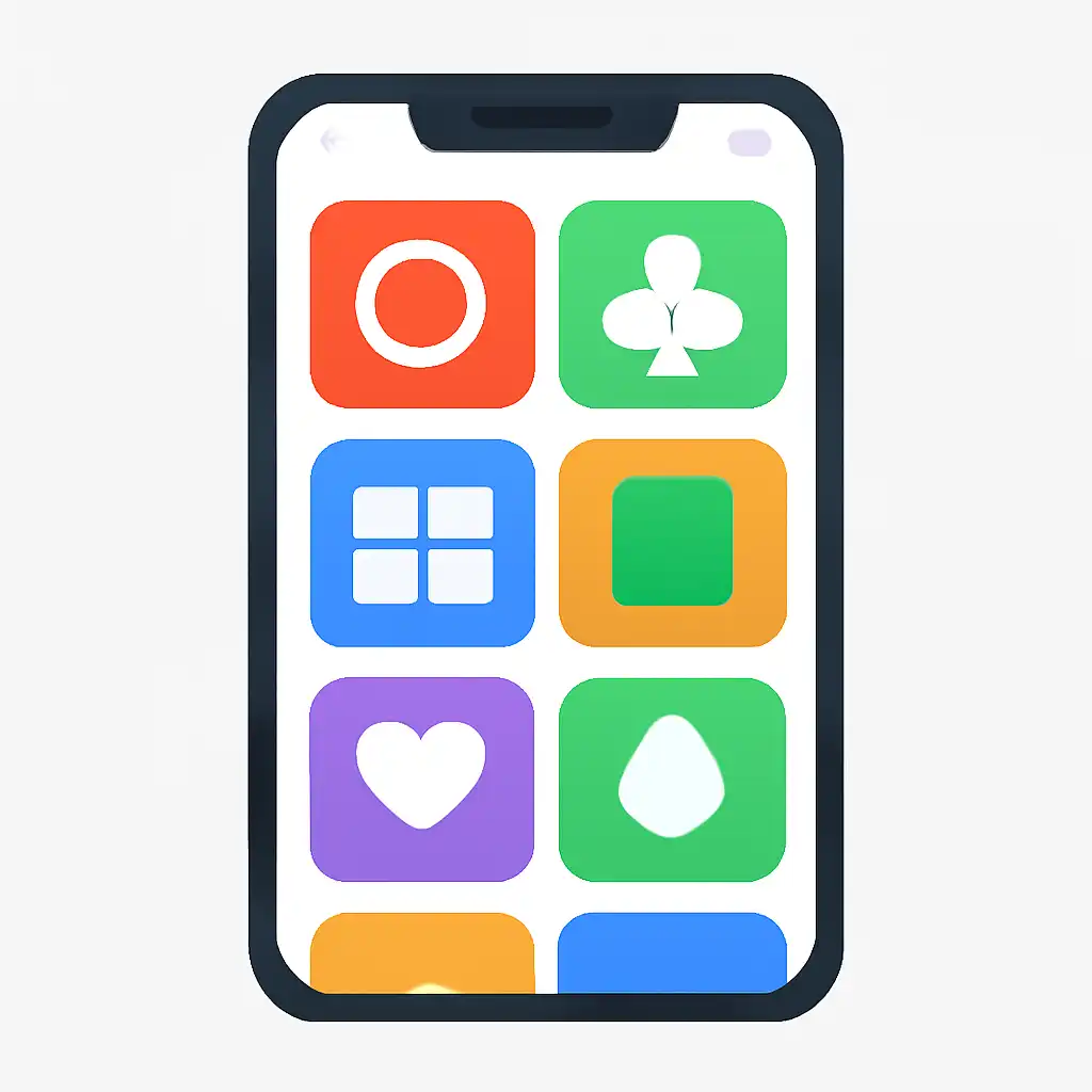 Smartphone shown from the front displaying a colourful flat layout of abstract game icons and rounded tiles, Rummy Circle