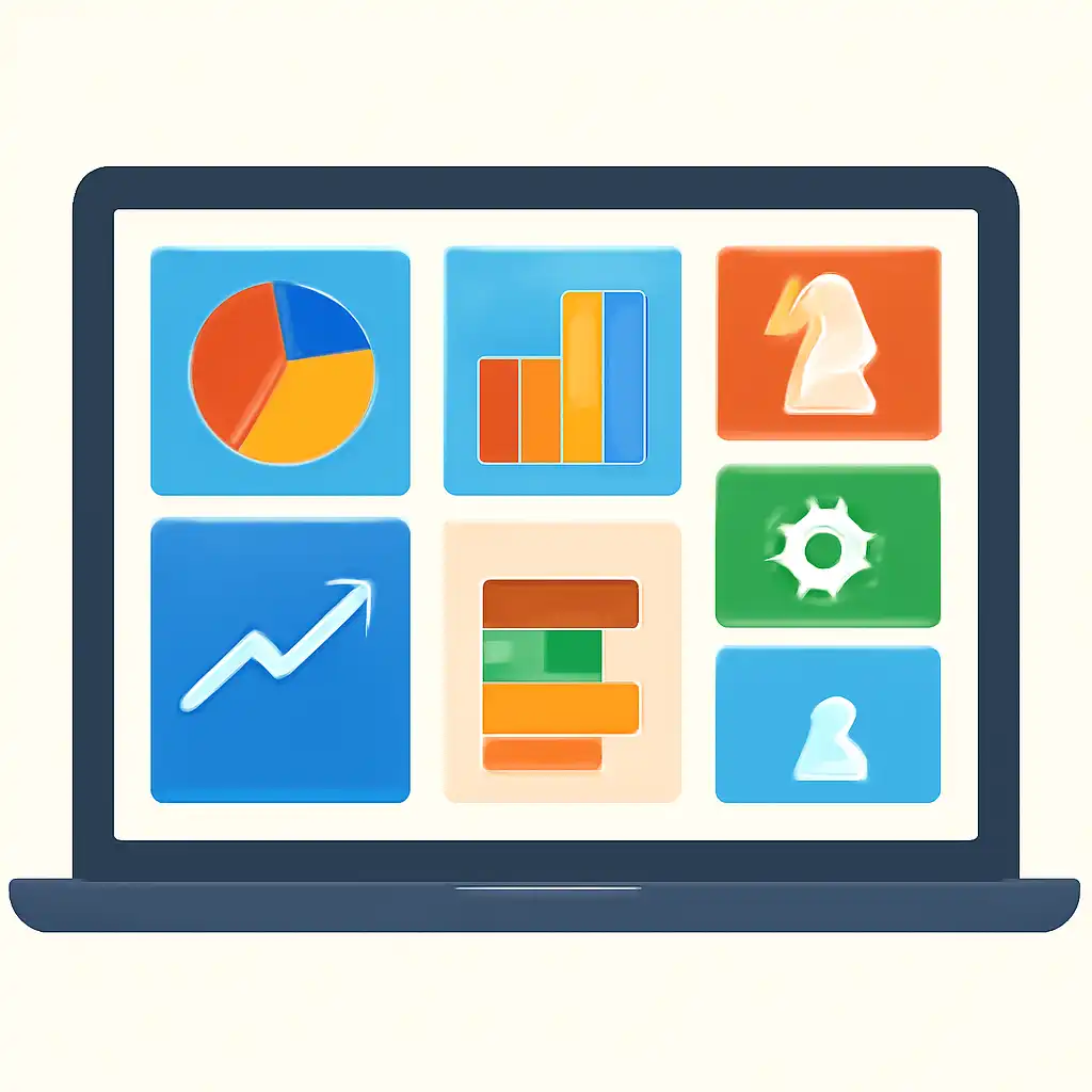 Laptop shown from the front displaying a colourful flat dashboard of abstract charts, bars and icon tiles, Rummy Circle