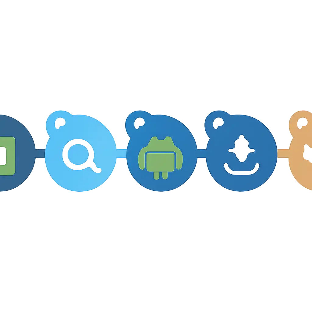 Five numbered circular icons connected by arrows in a horizontal flow, Rummy Circle: Download and Install on Android steps