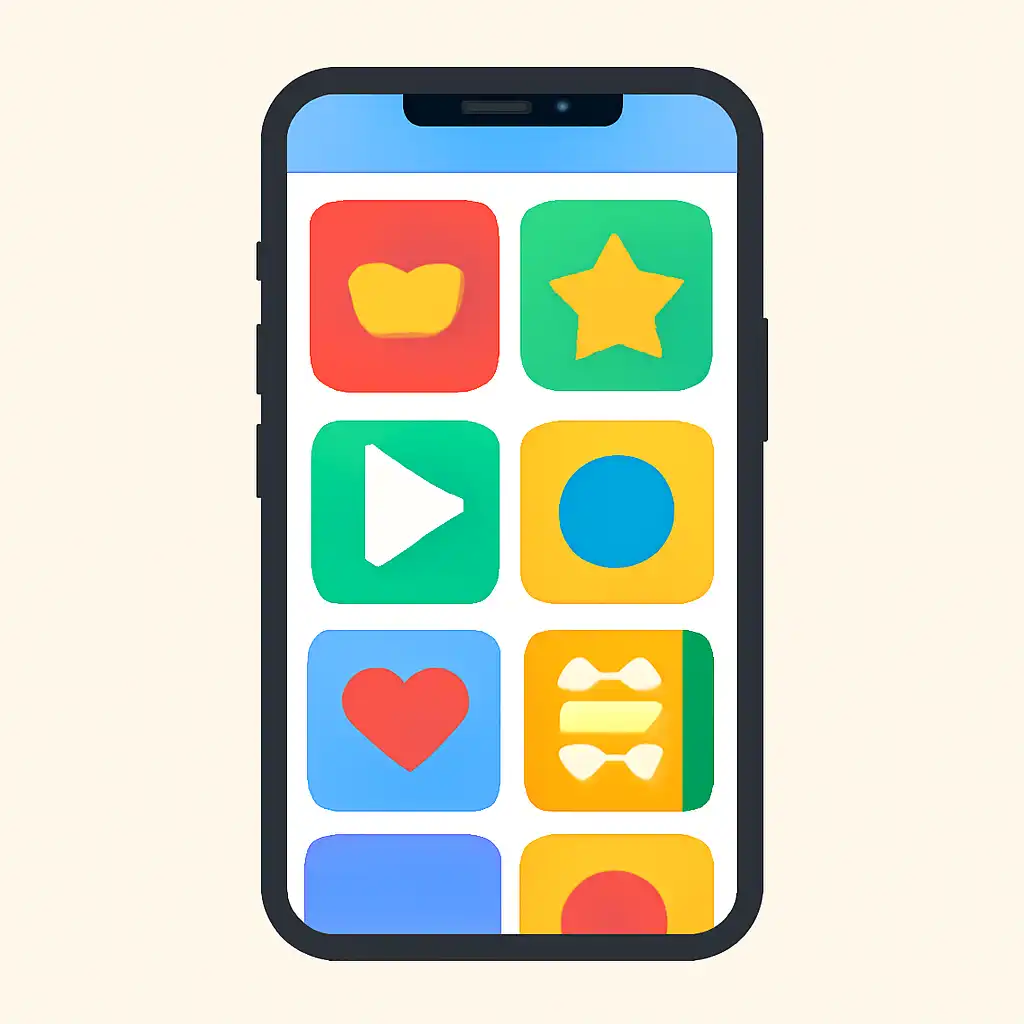 Smartphone shown from the front displaying a colourful flat layout of abstract game icons and rounded tiles, Is Rummy