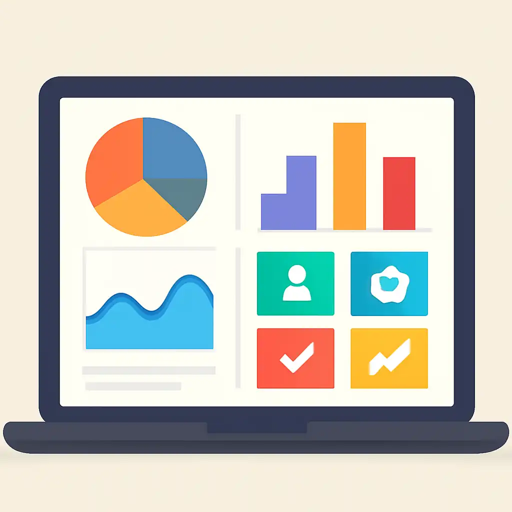 Laptop shown from the front displaying a colourful flat dashboard of abstract charts, bars and icon tiles, Is Rummy Circle