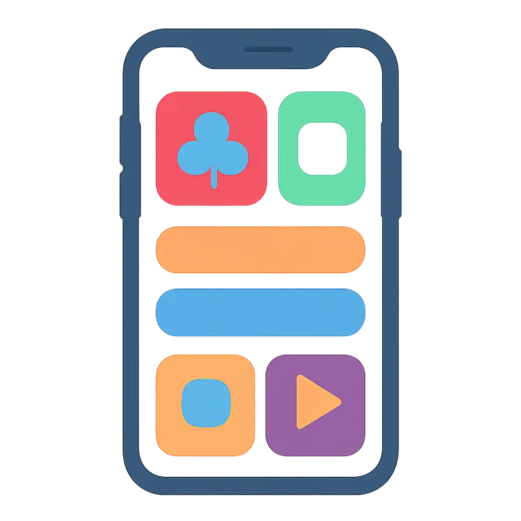 Smartphone shown from the front displaying a colourful flat layout of abstract game icons and rounded tiles, Rummy Circle