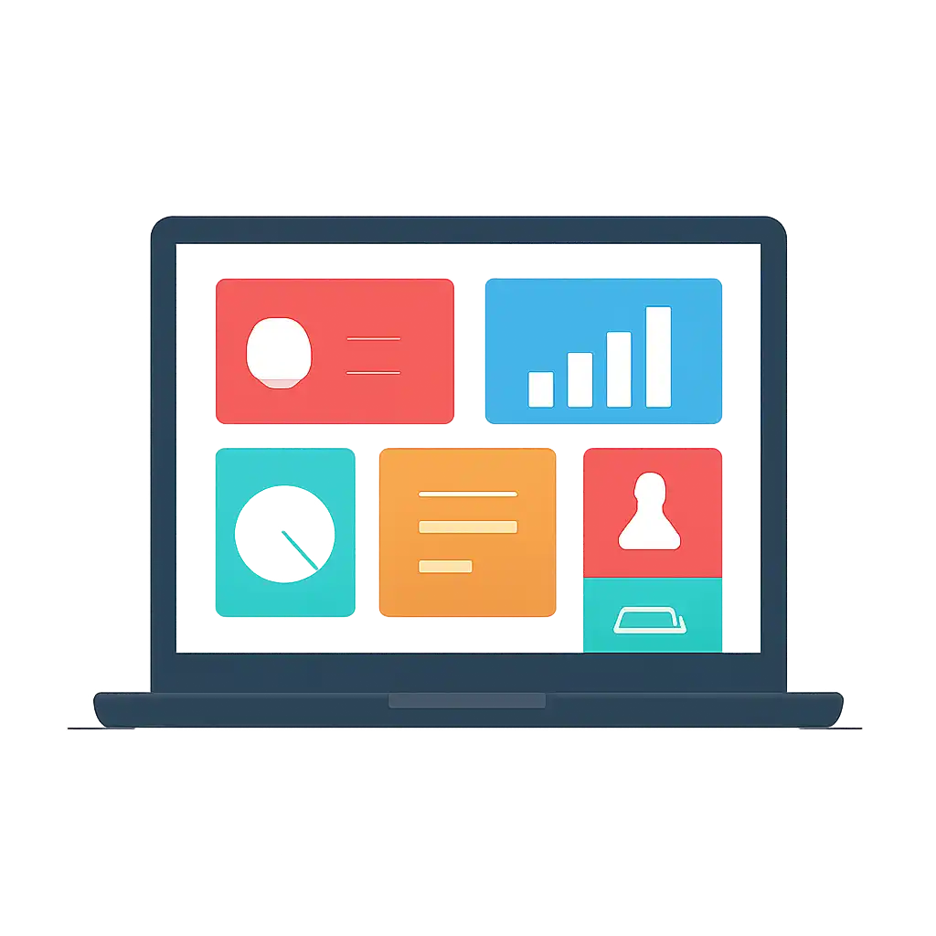 Laptop shown from the front displaying a colourful flat dashboard of abstract charts, bars and icon tiles, Rummy Circle