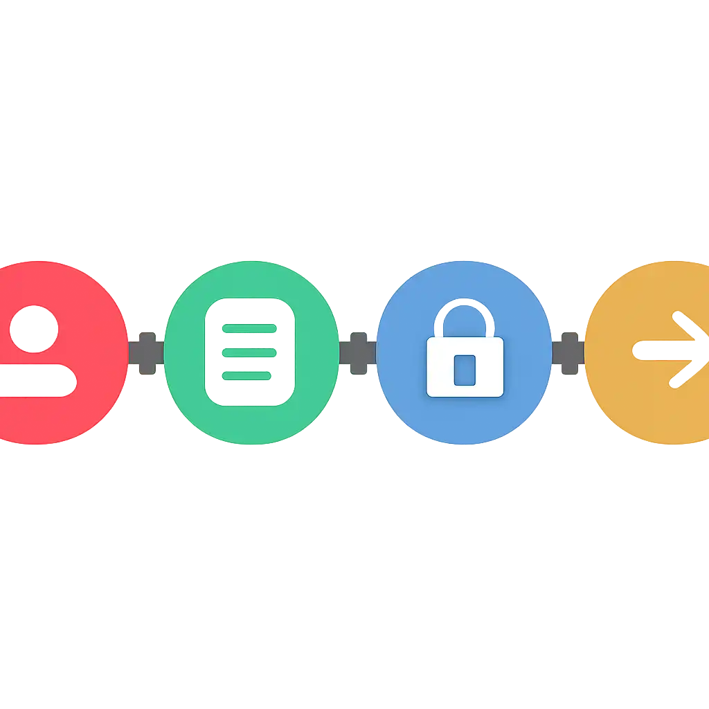 Five numbered circular icons connected by arrows in a horizontal flow, Rummy Circle Registration and Login Steps steps