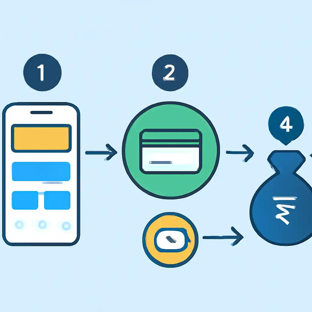 Annotated step diagram: minimum deposit process with numbered callouts, Rummy Circle
