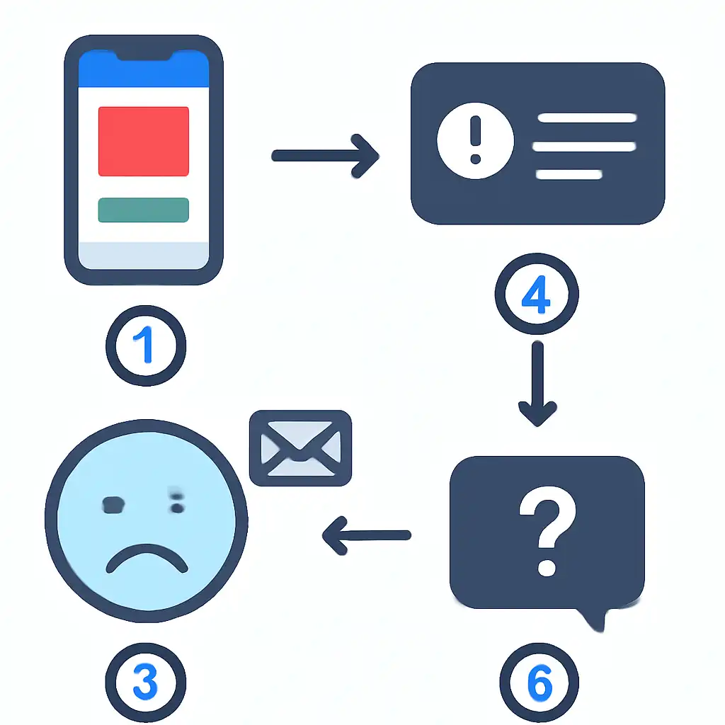 Annotated step diagram: otp not received process with numbered callouts, Rummy Circle