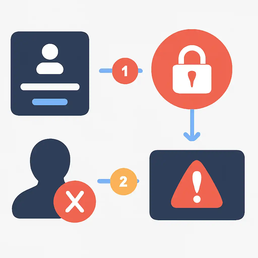 Annotated step diagram: account locked process with numbered callouts, Rummy Circle