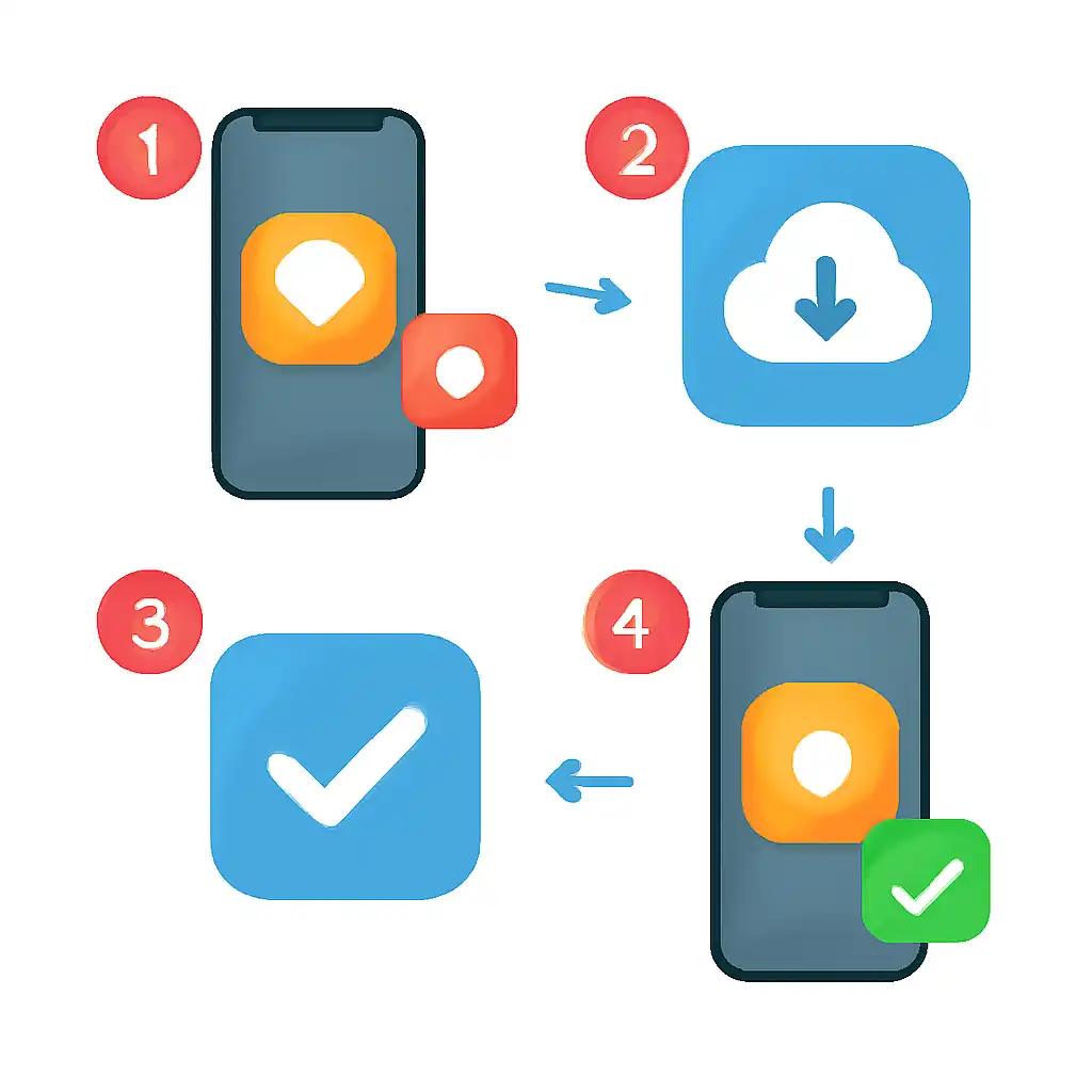 Annotated step diagram: ios app install process with numbered callouts, Rummy Circle