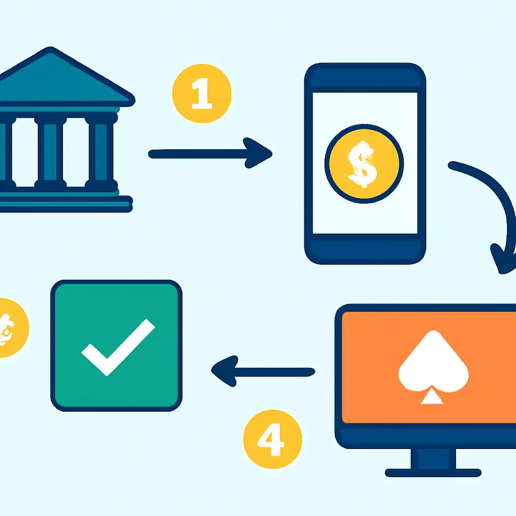 Annotated step diagram: bank transfer times process with numbered callouts, Rummy Circle