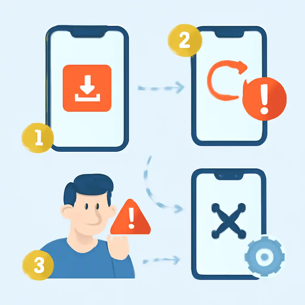 Annotated step diagram: app update problems process with numbered callouts, Rummy Circle