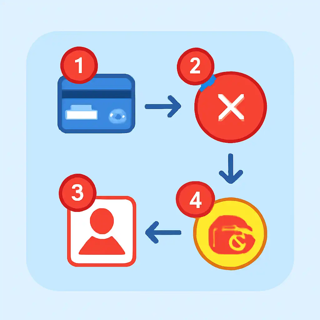 Annotated step diagram: failed transactions process with numbered callouts, Rummy Circle